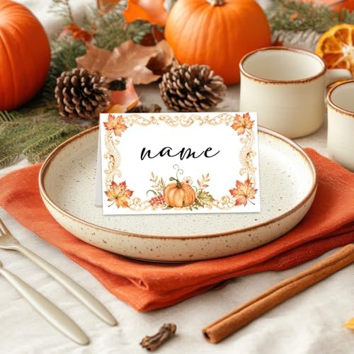 Pumpkin Place Cards for Table Setting, Tent Cards Decor For Birthday Baby Shower Thanksgiving Party Decorations, Bridal Shower Wedding Place Card, 25 Pack Birthday Food Name Card 2 x 3.5" /041