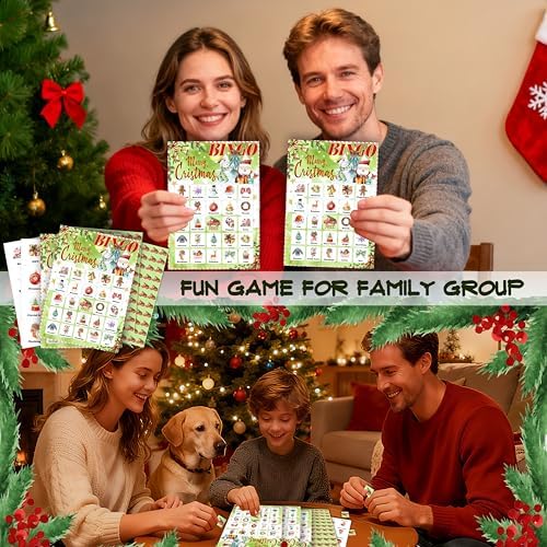 24-Person Christmas Bingo Cards, Watercolor Snowman Xmas Party Card Game, Green Santa Claus Bingo Game for Family Large Group Activities, Winter Holiday Party Supplies