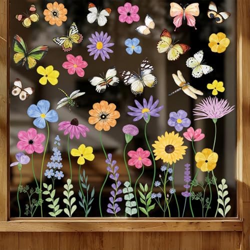 6 Sheets 67Pcs Summer Flower Butterfly Static Window Clings Reusable Double Sided Floral Window Decals for Glass Windows Doors Spring Home Decor for Kids Room Living Room Kitchen