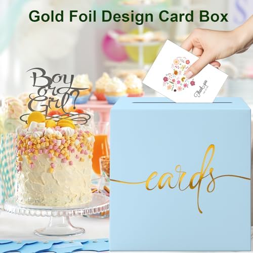 2 Pack Light Blue Card Box with Gold Foil Design, Paperboard 8.7" Card Box for Birthday Wedding Party Graduation Retirement Anniversary Valentine's Day & Baby Showers, Raffle or Money Box