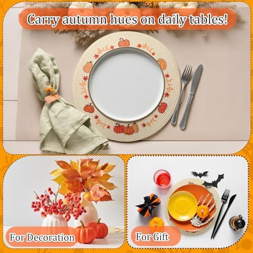 Remerry Thanksgiving Pumpkin Placemats Set of 6, 13" Leaves Pumpkins Fall Table Mats Round Weaving Embroidered Heat-Resistant for Thanksgiving Halloween Party Kitchen Dining Restaurant Decoration