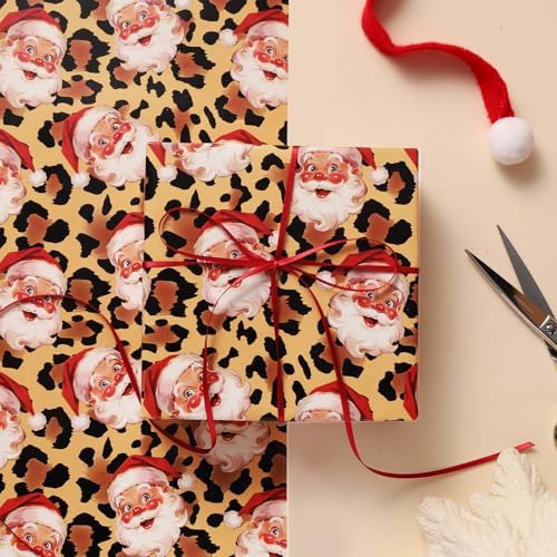 LaRibbons Christmas Santa Wrapping Paper, Vintage Santa on Cheetah Print
