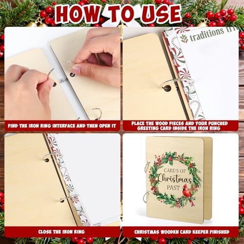 Wooden Christmas Card Organizer Merry Christmas Greeting Card Holder Xmas Holiday Post Cards Keeper Wood Memories Book or Binder for Storage Keepsake Album Photo Notes Gift Winter Past