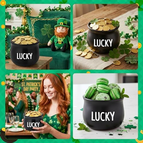 St Patrick’s Day Candy Dish Cauldron - Pot O’ Gold Mini Ceramic Bowl Snack Serving Tiered Tray Decoration (White Lucky)