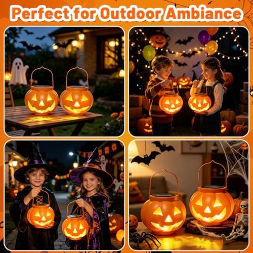BRIGHTDECK Halloween Pumpkin Solar Lanterns 2 Pack, Jack O Lantern Pumpkin Lights for Halloween Decorations Outdoor, Weatherproof & Portable Fall Yard Decor (2Pack Warm White)