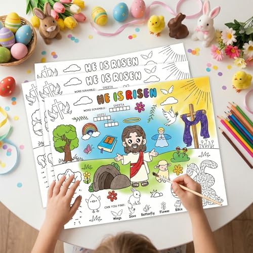 45pcs He is Risen Disposable Coloring Placemats Easter Christian Crafts for Kids Sunday School Easter Party Favors Coloring Poster Religious Activity Church Supplies Paper Table Mats