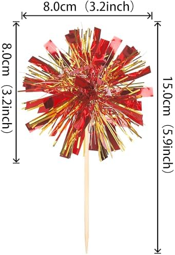 30 PCS Foil Firework Cupcake Toppers Sparkle Tinsel Cupcake Picks Happy Birthday Cake Decorations Drink Stirrers Cocktail Food Fruit Toothpicks for Baby Shower Graduation Party Supplies Red Gold