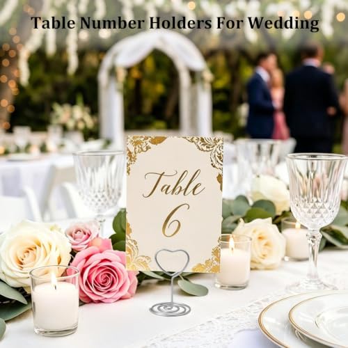 Jofefe 20pcs Mini Place Card Holder, Table Number Holders, Table Card Holders, Table Number Stands, Wire Table Picture Photo Holder Menu Clips for Wedding Favors with Heart Shaped (Silver)
