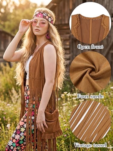 SOMSOC 7 Pieces 60s 70s Women Hippie Costume Fringe Vest Bag Pant Headband for Disco
