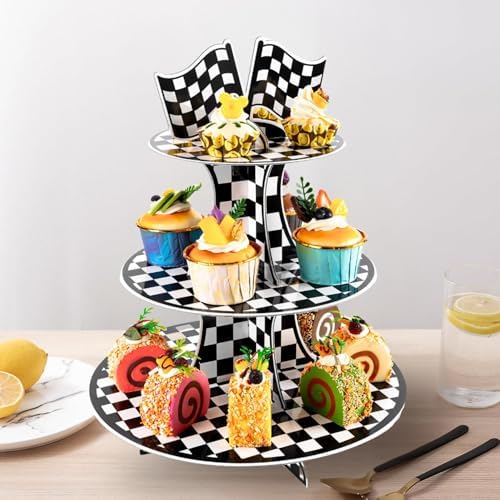 Pangu 2 Pack Race Car Cupcake Stand for Kids Birthday Party, Three-Tier Cars Birthday Decorations, Two Fast Racing Theme Party Supplies, White Cardboard Cupcake Tower Holder