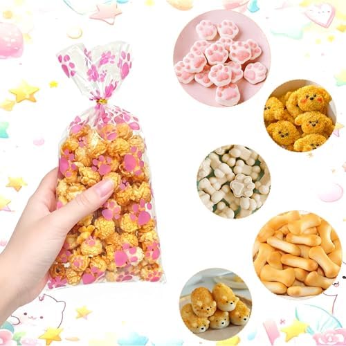 ZYLOP 100 Pcs Pink Dog Treat Bags - 5 x 11 Inch Clear Cellophane Dog Gift Bags with 110 Silver Twist Ties, Paw Print Bags for Pet Treats, Cat Treats, Candy, Cookies & Party Favors