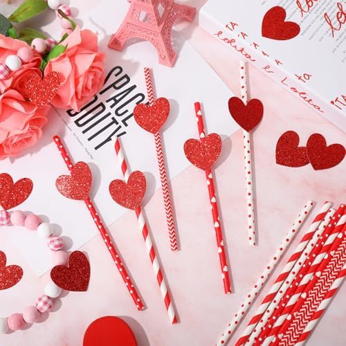JarThenaAMCS 40Pcs Valentine's Day Paper Straws Red Glitter Heart Disposable Drinking Straws Romantic Decorative Straw for Wedding Birthday Party Supplies