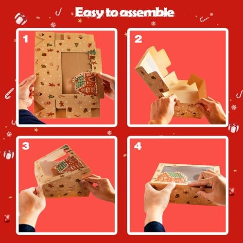 15PCS Christmas Cookie Boxes for Gift Giving, 8.6" x 5.9" x 2.8" Xmas Holiday Treat Cookie Tin with Window for Party Favor Pastries, Cupcake, Brownies, Donut Gift-Giving