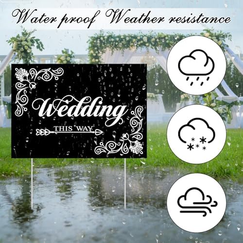 2 Pcs Wedding Reception Signs with 6 White Balloons, Set of 2 Double-Sided Directional Arrow Yard Signs with Metal Stakes, Waterproof Plastic Outdoor Decor Kit for Ceremony and Parking
