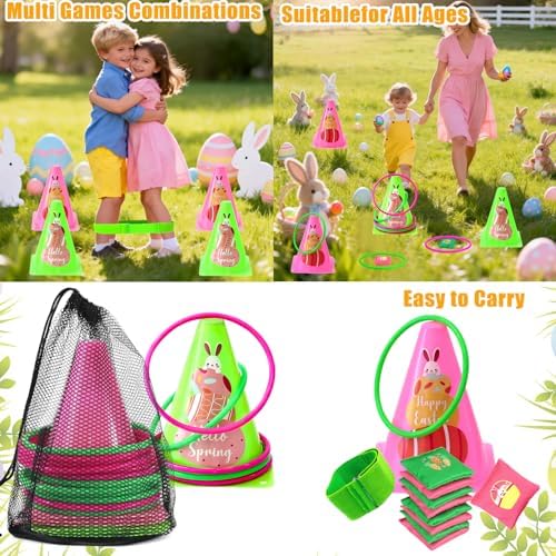 4 in 1 Easter Outdoor Games for Kids and Family, Easter Party Game with Ring Toss, Plastic Cones, Bean Bags, 3-Legged Race Bands, Carnival Spring Games Activities Combo Set for Adult Yard Classroom