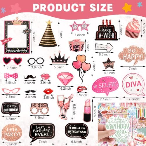 80Pcs Premium Birthday Photo Booth Props with 50Pcs Birthday Stickers