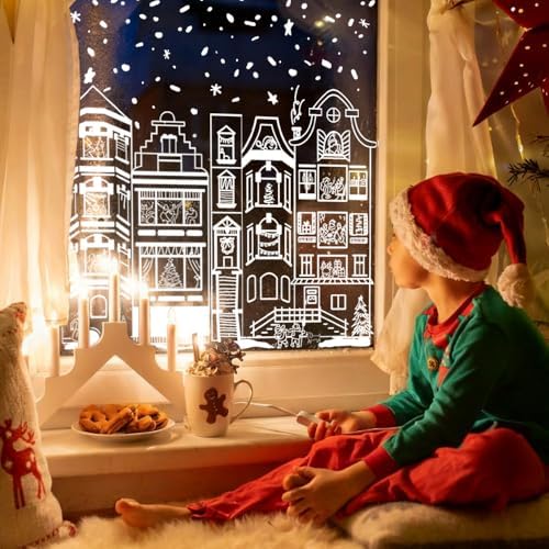 DIYDEC 15.1 * 27.3'' Large Christmas Window Clings 4Pcs Xmas White House Window Stickers for Glass Double Sided Winter Town Decals for Holiday Home Shop Decoration