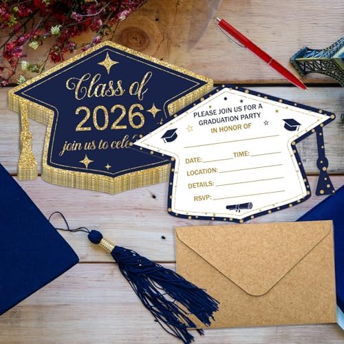 Graduation Invitations 2026 Grad Party Invitations with envelopes 30 Pack, Class of 2026 Graduation Announcements Graduate Invite Cards for College Party Supplies, Navy Blue & Gold