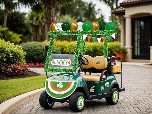 33Pcs St Patricks Day Golf Cart Parade Decorations Kit - Green Bunting Burlap Flag Tinsel Garlands Banner Balloons for Irish Float Party Decor