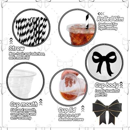 Whaline 50 Pcs Black Bow Disposable Plastic Cups with Lids and Straws 12 Oz Elegant Bow Knot Cold Beverage Drinking Cups for Wedding Birthday Bridal Baby Shower Party Supplies