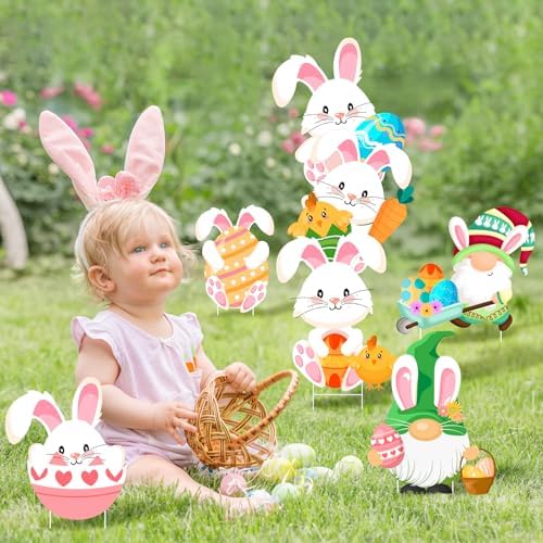 Easter Decorations Outdoor 6 Pcs Easter Yard Signs Bunny Eggs Yard Sign with Stakes for Lawn Egg Hunt Spring Rabbit Garden Decorations Party Supplies Waterproof