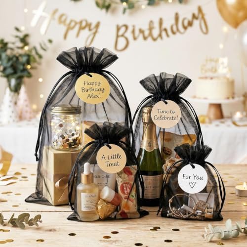 FUNFERY 100PCS Black Organza Gift Bags 6x9in,Drawstring Pouch for Jewelry