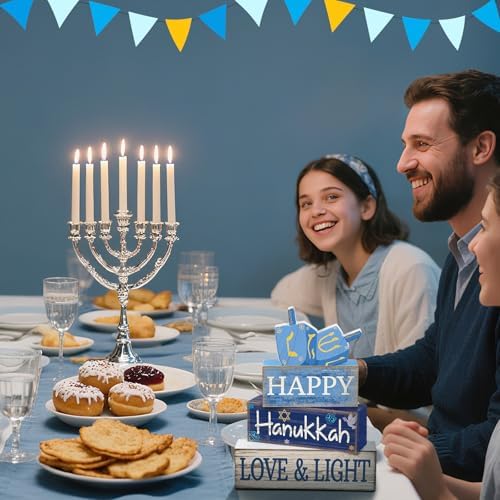 Lineshading 4 Pcs Hanukkah Table Decorations for Home, Wooden Dreidel Signs