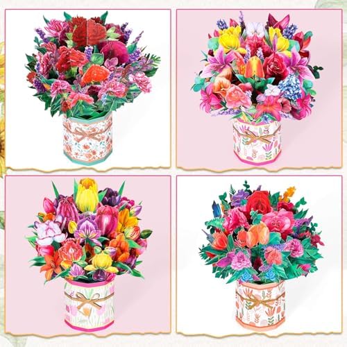 4 Pack Paper Flower Pop Up Cards, Flower Birthday Card Popup 3D Greeting Gift Cards for Mother's Day, Graduation, Anniversary, Get Well, Thank you Cards for All Occasions with Envelope and Note