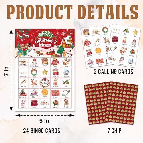 Christmas Bingo Game, Merry Christmas Party Games for Adults, Xmas Bingo Game Cards for Large Group Family Friends Activities, Winter Holiday Party Decor Supplies, 07