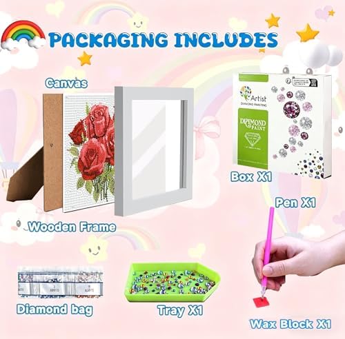 Diamond Art Kit for Kids with Frame,Red Rose Diamond Painting for Kids