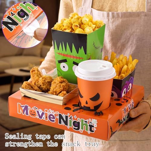 Bokon 172 Pcs/ 24 Sets of Summer Halloween Movie Night Snack Trays Funny Cartoon Pumpkin Vampire 3 Sizes Snack Boxes, 16 oz Disposable Drinks Cups, 50 Straws, Sealing Stickers for Cinema Party Decor
