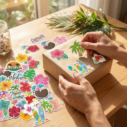 150PCS Hibiscus Flower Stickers Tropical Hawaiian Flower Vinyl Decals, Waterproof for Water Bottles Laptop Scrapbook, Luau Stickers for Kids