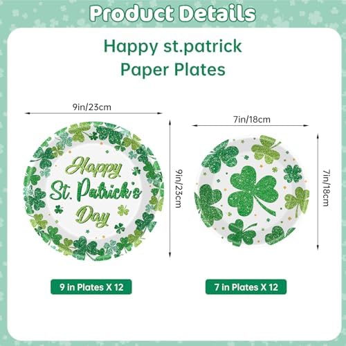 Litmitfu 24 Pcs Happy St Patricks Day Plates Set - Disposable Green Shamrock Paper Plate, Irish Round Dinner Dessert Plate Dinnerware Kit for St Patrick's Day Party Decorations Supplies Table Decor
