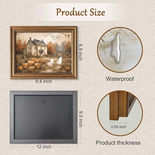 Wemandh Vintage Halloween Wall Art, Gold Framed Rustic Ghost and Pumpkin Decor, Spooky Haunted House Picture for Gothic Room, Farmhouse Fall Autumn Canvas Print Artwork (9.5'' x 12'')