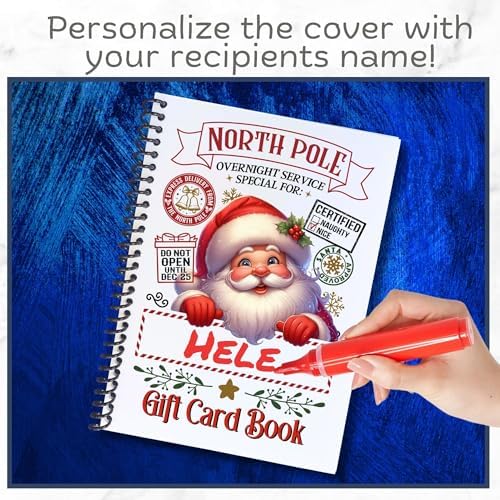 Christmas Gift Card Book 5x7 inches with Stickers, 10 Page Soft Cover Spiral Bound with Protective PVC Cover, and 20 Double Sided Sticky Dots - 8 Different Cover Design Options (Santa North Pole)