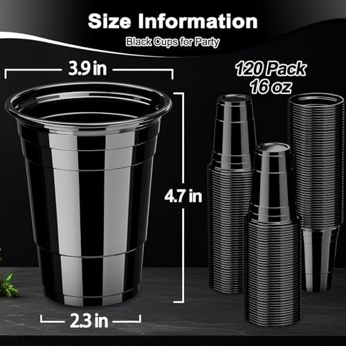 120 Pack 16 oz Black Cups, Heavy Duty Black Plastic Cups for Party, Cold Drinks, BBQ, Black Disposable Cups for Christmas, Halloween, Wedding, Birthday, Picnic, Serving and Celebrations