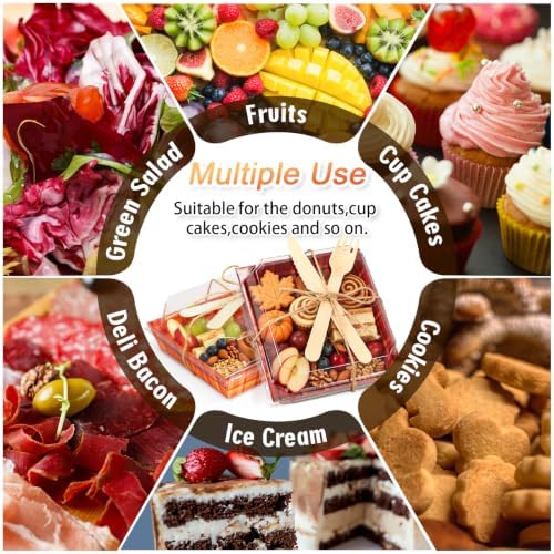 Whaline 100 Set Fall Small Charcuterie Boxes with Clear Lids Forks Knives Buffalo Plaid Mini Dessert Box Disposable Food Container for Autumn Harvest Thanksgiving Wedding Birthday Party Supplies