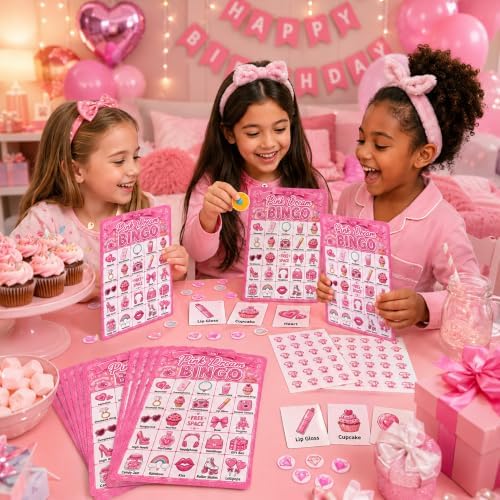 Pink Dream Glitter Bingo Game Cards, 24 Player Party Game for Girls