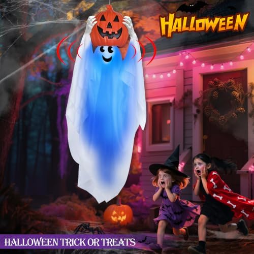 Sound Activated 43" Halloween Animatronics Hanging Ghost Holding Pumpkin