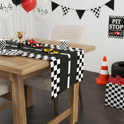 Race Car Birthday Party Decorations - Racing Car Road Table Runner | Black and White Checkered Table Cloth Decor for Kids Boys Cars Theme Two Fast Birthday Party Favors Supplies Decorations