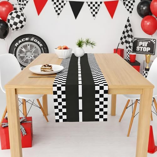 Race Car Birthday Party Decorations - Racing Car Road Table Runner | Black and White Checkered Table Cloth Decor for Kids Boys Cars Theme Two Fast Birthday Party Favors Supplies Decorations