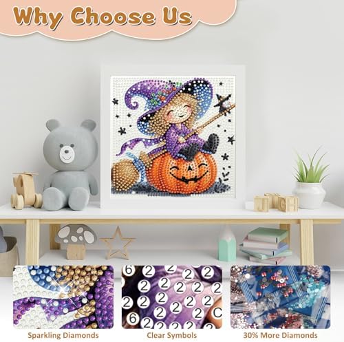 Halloween Diamond Art Painting Kits for Kids with Frame, Witch Diamond Painting Kits for Kids Ages 4-8-12, Easy Gem Arts and Crafts Gift for Girls Boys Adult Beginners Home Wall Decor(7x7inch)
