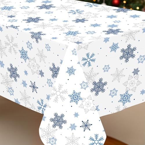 8 Pack Christmas Blue Snowflake Plastic Tablecloth 54" x 108" Disposable Christmas Table Cloths for 6 to 8 Foot Tables Rectangle Table Cover for Parties (Blue Snowflake, Rectangle)