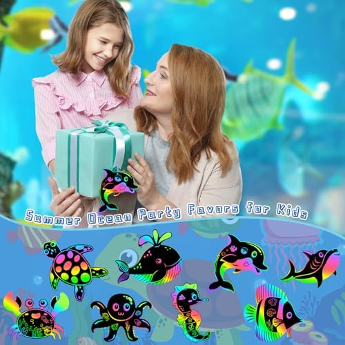JULMELON 36 Pcs Ocean Crafts for Kids, Rainbow Scratch Art Party Favors