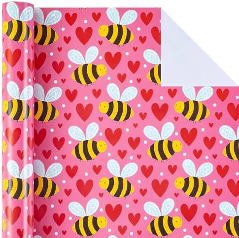 WRAPAHOLIC Valentines Day Wrapping Paper Roll - 17 Inch x 16.5 Feet - Sweet Hearts and Bee Wrapping Paper Perfect for Valentine's Day, Wedding, Anniversary, Birthday