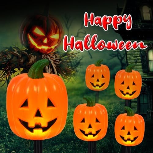 BRIGHTDECK Halloween Solar Pathway Lights Outdoor, LED Decor, Light Up Solar Stake Lights for Holiday, Halloween, Walkway, Sidewalk (Long Pumpkin, 20-Pack)