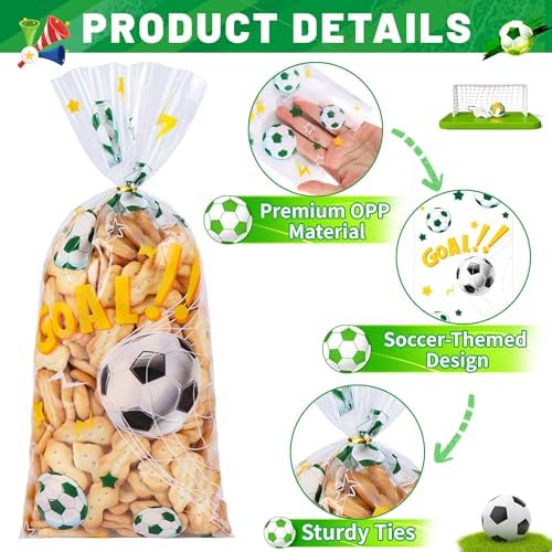 QOIUSO 50PCS Soccer Cellophane Treat Bags - Clear Plastic Goodie Bags with 60 Gold Twist Ties - Soccer Party Favor Bags for Candy, Snacks, Game Day, Sports Events, Birthday & School Activities