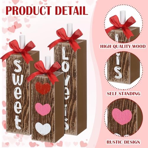 Redbaker 3pcs Valentine's Day Table Centerpieces Valentines Office Decor Wooden Block Sign Love Is Sweet Table Decoration Rustic Farmhouse Red Pink Heart Tiered Tray Decor for Home Office Mantel Desk