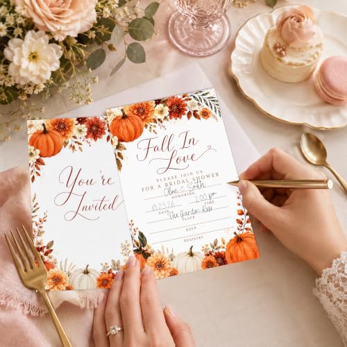 Fall in Love Bridal Shower Invitations, Fill In Style Invites With Envelopes for Fall Wedding Reception, Floral Pumpkin Bridal Shower Invitations, Bride To Be Double-Sided Invite Cards, 4 x 6 Inch Set of 25-A03