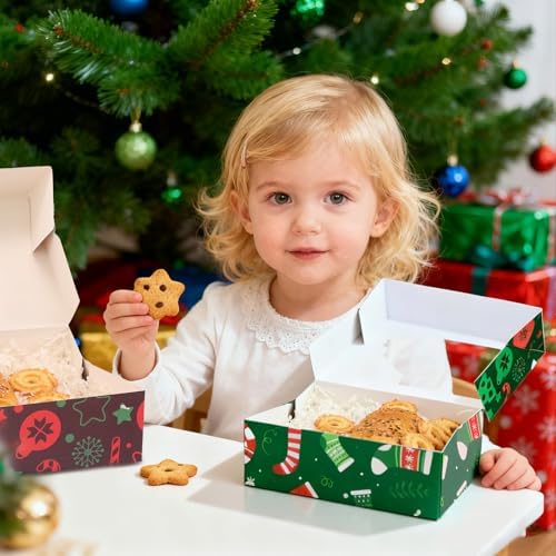 CHOUNYEE 24 Pack Christmas Cookie Boxes (8.25x6x2.75 Inch), Christmas Treat Boxes for Gift Giving, Bakery Boxes with Window for Exchange Gift, Holiday Food Cookie gift Containers